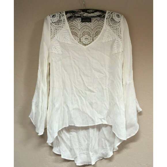 Astr Tops - ASTR Womens V-Neck Crochet Yoke Top Blouse Tunic Small Long Sleeve White Hi-Low